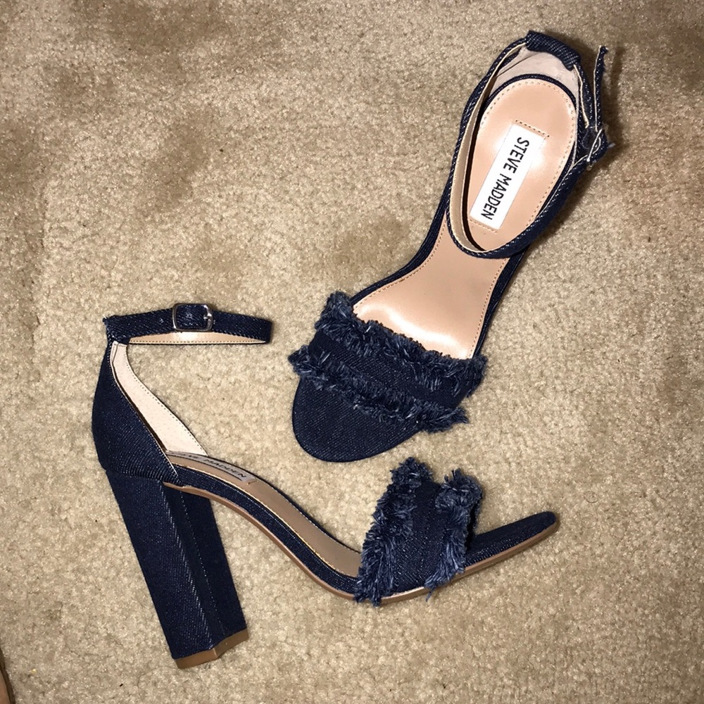 Denim Fringe Heel Sandals